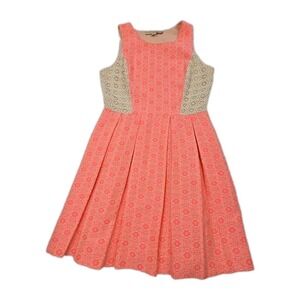 Anthropologie Champagne Strawberry Dress Medium Coral Cream Lace Pleated Shimmer